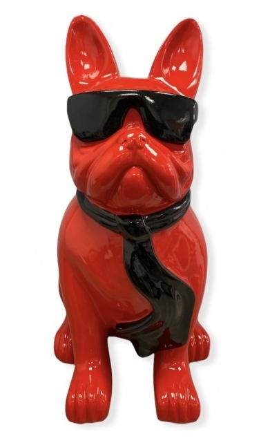BOULEDOGUE FRANÇAIS EN RESINE LUNETTES/CRAVATE ROUGE-NOIR 80 CM
