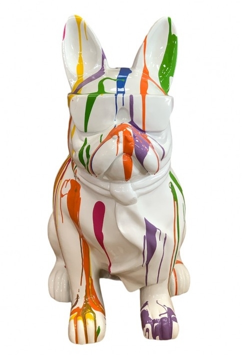 STATUE BOULEDOGUE FRANCAIS EN RESINE 80 CM BLANC MULTICOULEURS
