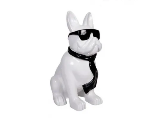 STATUE BOULEDOGUE FRANÇAIS EN RESINE ASSIS LUNETTES/CRAVATE BLANC-NOIR 120 CM