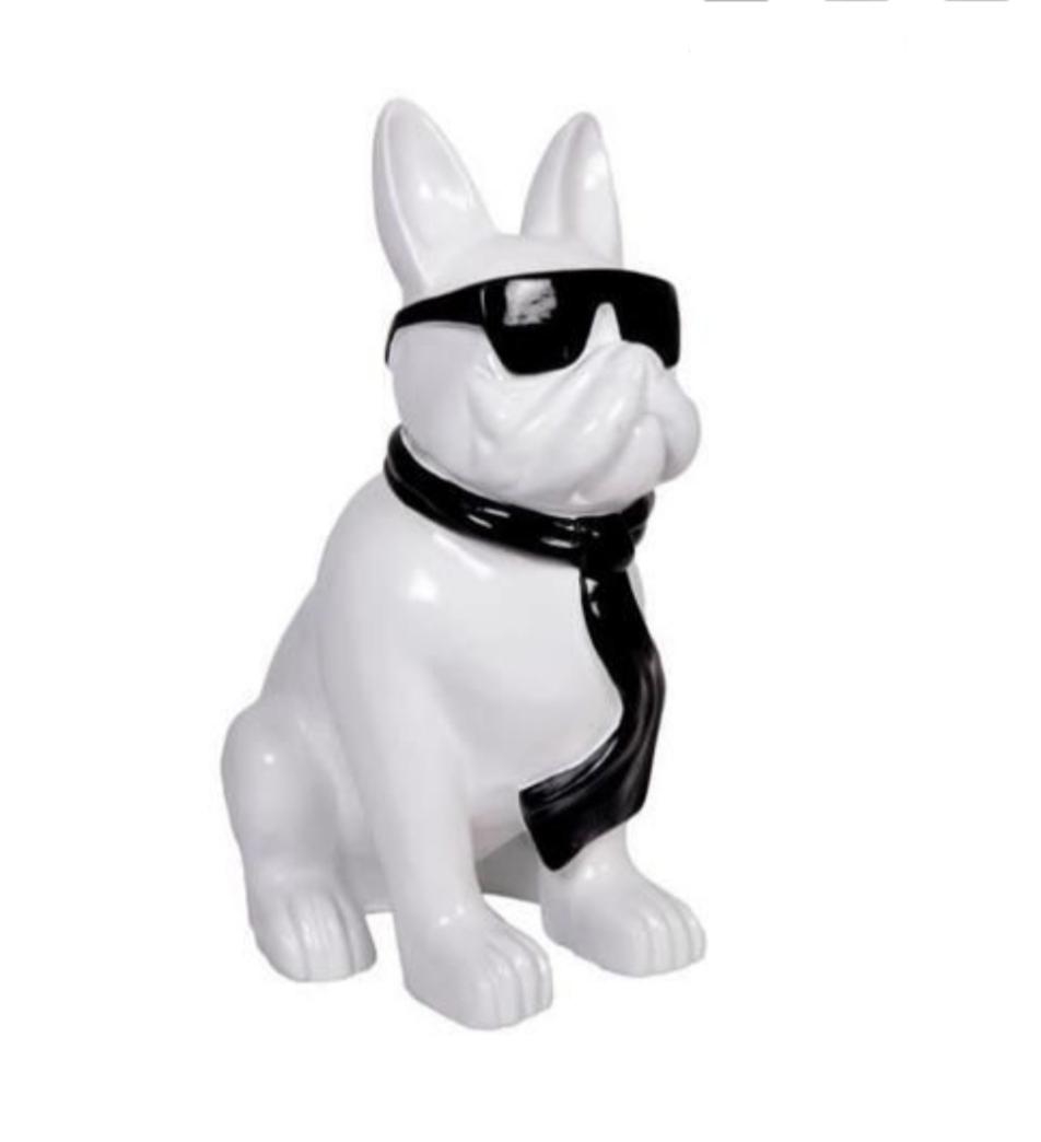 BOULEDOGUE FRANÇAIS EN RESINE LUNETTES/CRAVATE BLANC-NOIR 120 CM