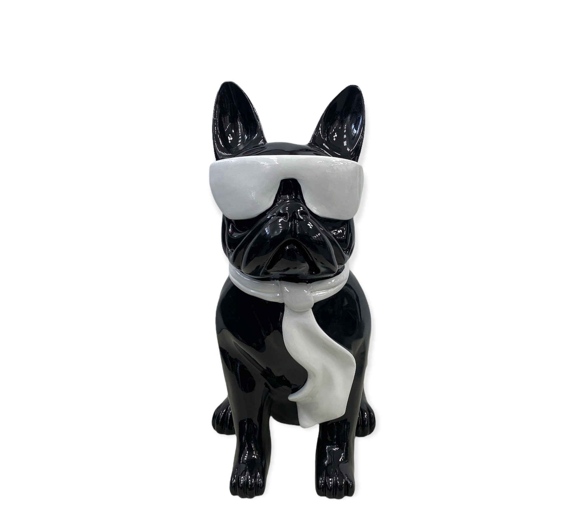 BOULEDOGUE FRANCAIS EN RESINE LUNETTES/CRAVATE NOIR-BLANC 80 CM