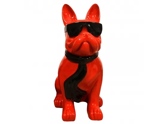 STATUE BOULEDOGUE FRANÇAIS EN RESINE ASSIS LUNETTES/CRAVATE ROUGE-NOIR 120 CM