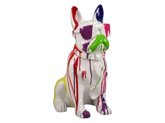 STATUE BOULEDOGUE FRANÇAIS EN RESINE ASSIS LUNETTES/CRAVATE TRASH BLANC 120 CM