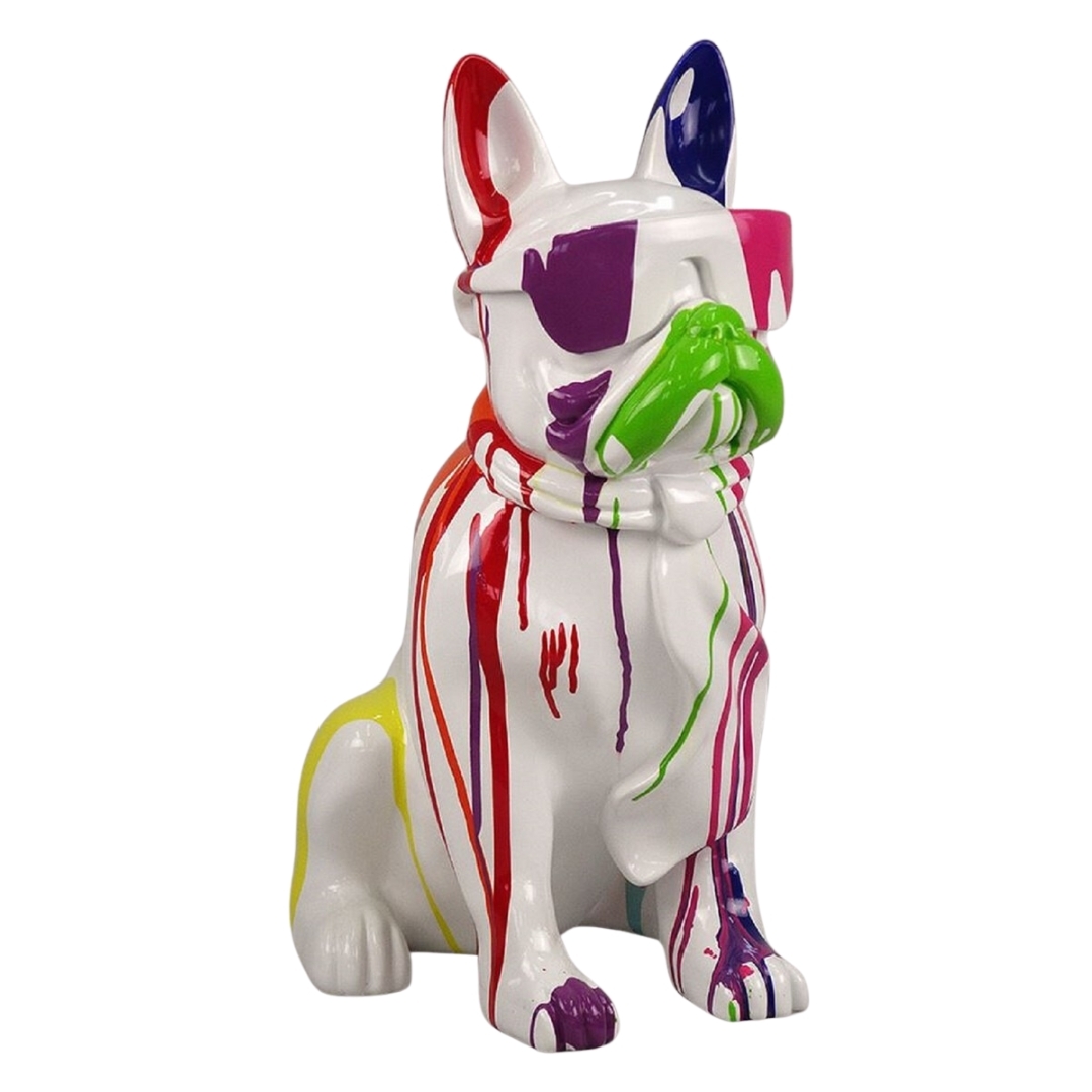STATUE BOULEDOGUE FRANÇAIS EN RESINE ASSIS LUNETTES/CRAVATE TRASH BLANC120 CM