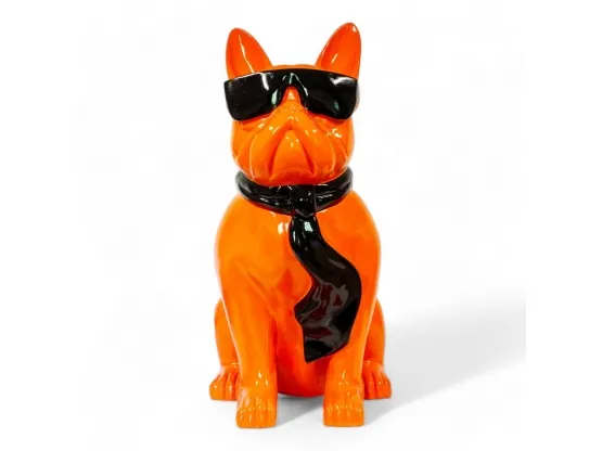 STATUE BOULEDOGUE FRANÇAIS EN RESINE ASSIS LUNETTES/CRAVATE ORANGE-NOIR 120 CM