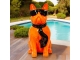 STATUE BOULEDOGUE FRANÇAIS EN RESINE ASSIS LUNETTES/CRAVATE ORANGE-NOIR 120 CM