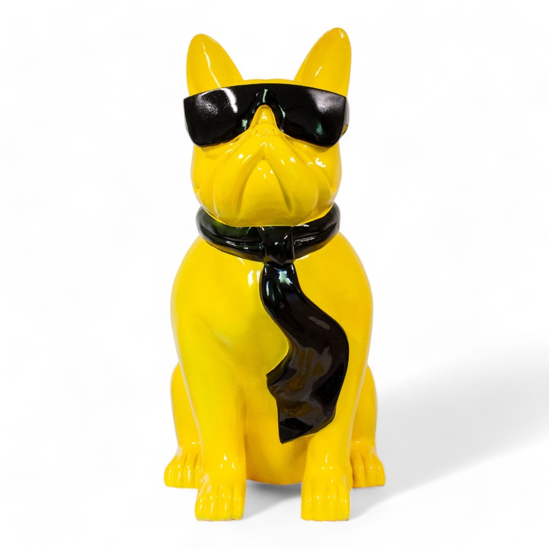 STATUE CHIEN BOULEDOGUE Français doré à lunette en résine 37 cm EUR 69