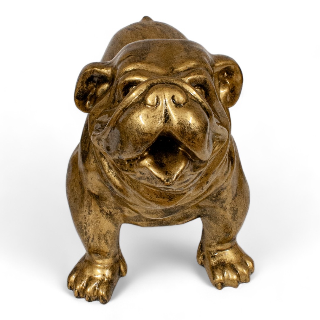STATUE BOULEDOGUE ANGLAIS EN RESINE PATINÉ OR H 45 CM