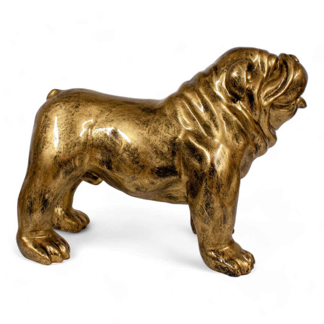 STATUE BOULEDOGUE ANGLAIS EN RESINE PATINÉ OR H 40 CM - 120,00