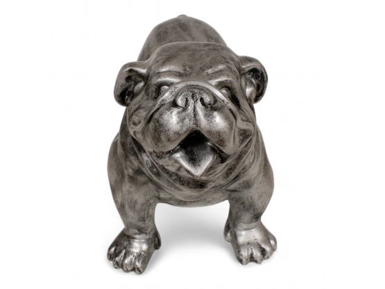 STATUE BOULEDOGUE ANGLAIS EN RESINE PATINÉ ARGENT H 40 CM