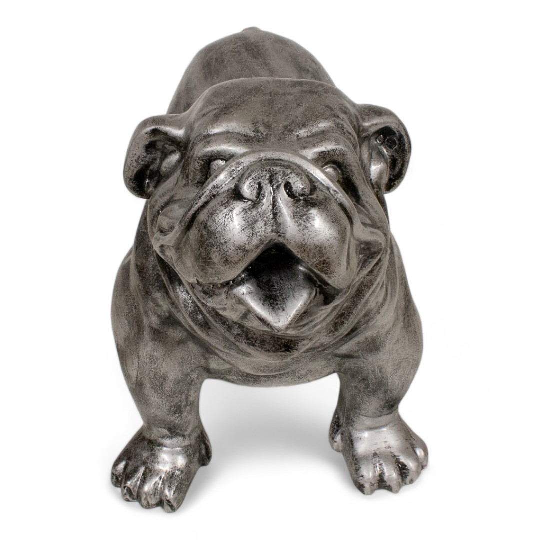 STATUE BOULEDOGUE ANGLAIS EN RESINE PATINÉ ARGENT H 45 CM