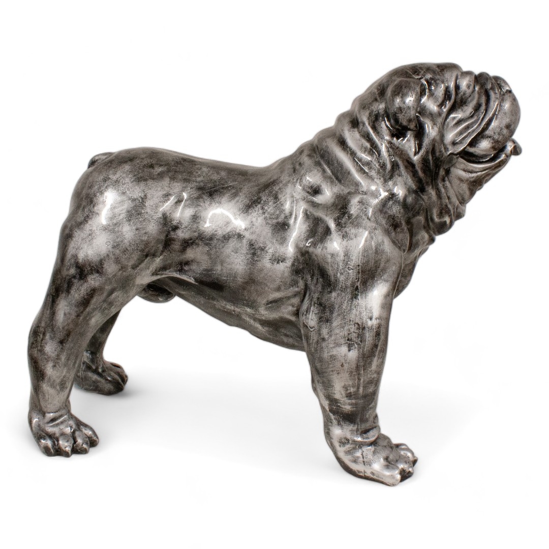 STATUE BOULEDOGUE ANGLAIS EN RESINE PATINÉ ARGENT H 68 CM