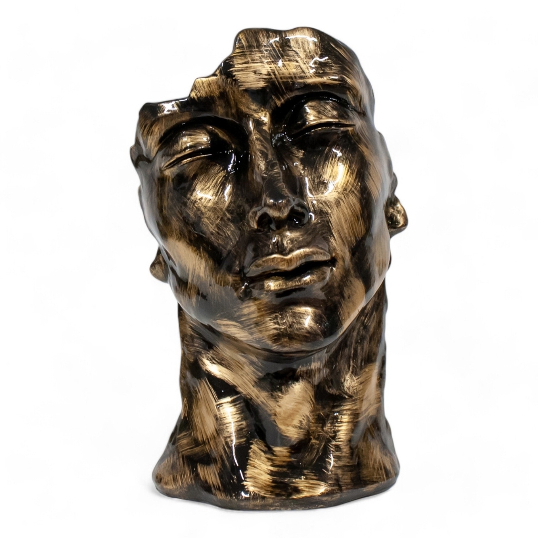 STATUE VISAGE EN RESINE PATINÉ OR H 52 CM