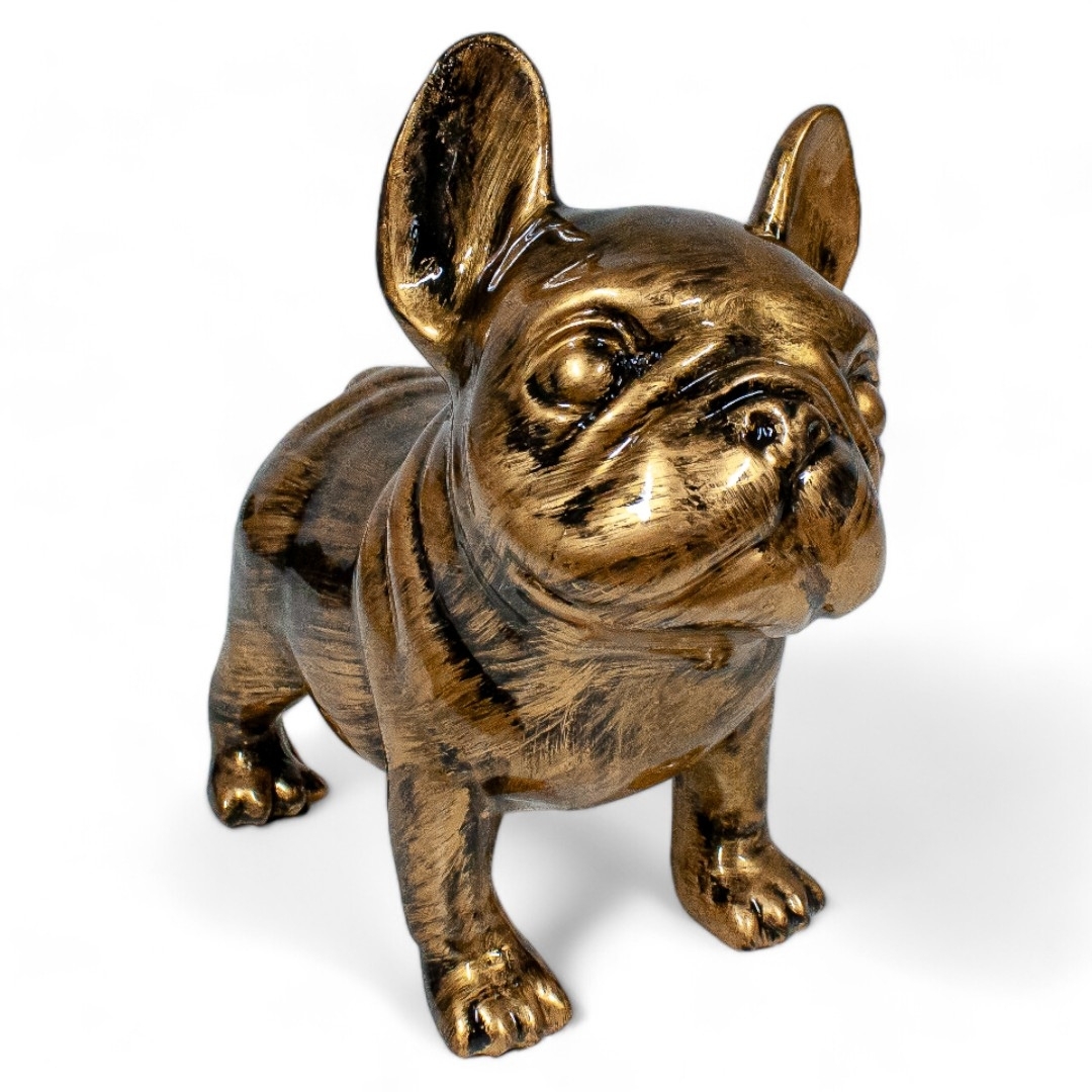 STATUE BOULEDOGUE FRANÇAIS EN RESINE PATINÉ OR 30 CM
