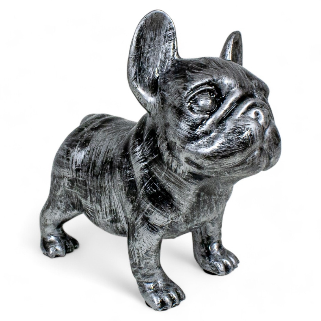 BOULEDOGUE FRANÇAIS EN RESINE PATINÉ ARGENT 30 CM