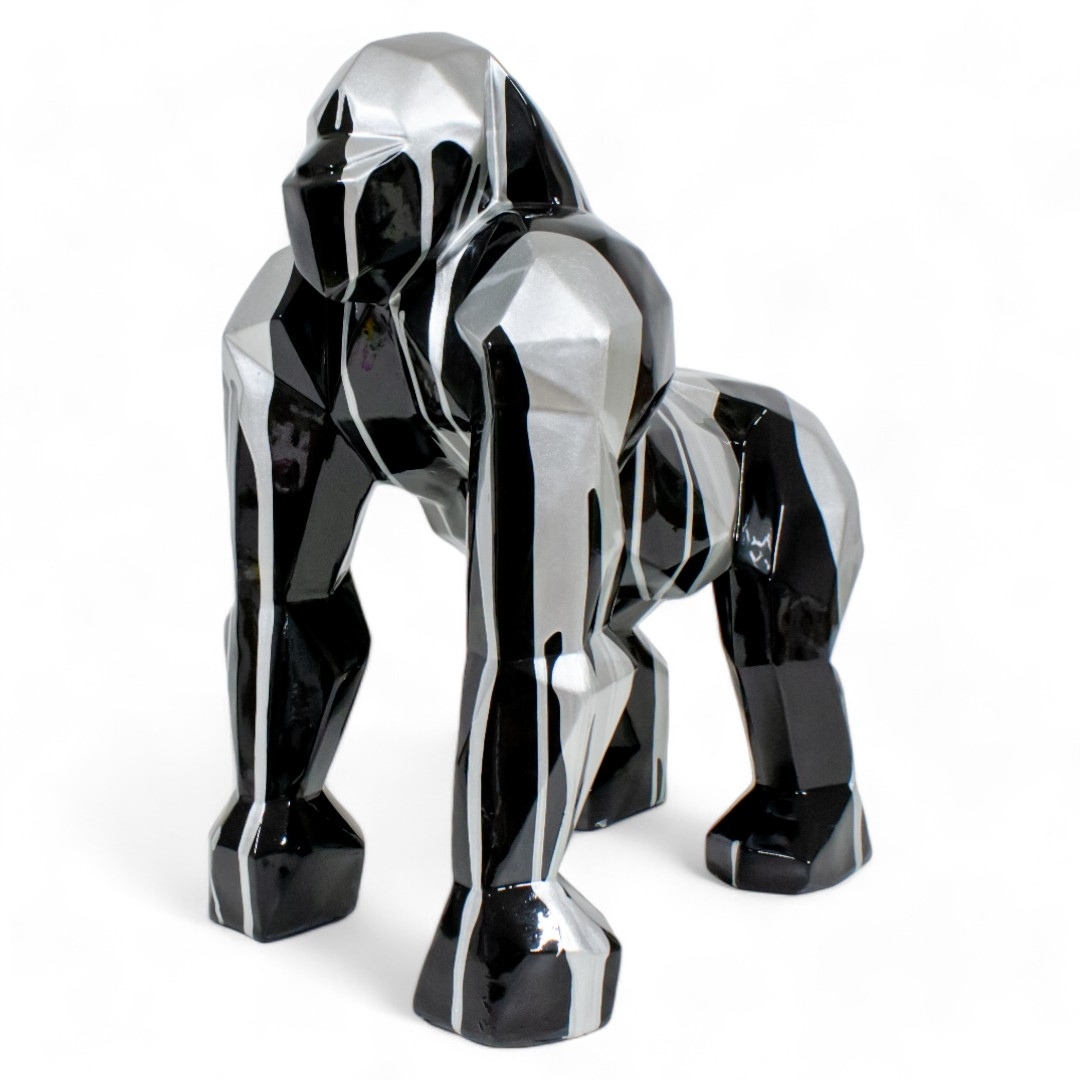 STATUE GORILLE ORIGAMI EN RESINE NOIR ET ARGENT 50 CM