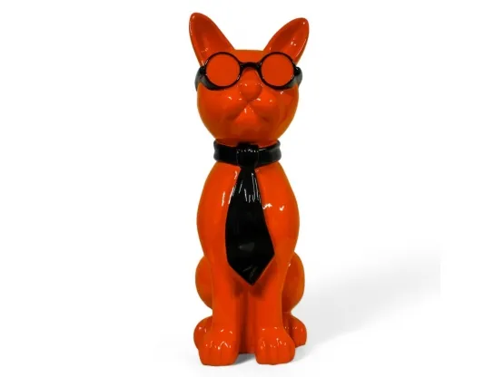 CHAT EN RESINE LUNETTES ET CRAVATE ORANGE / NOIR 80 CM