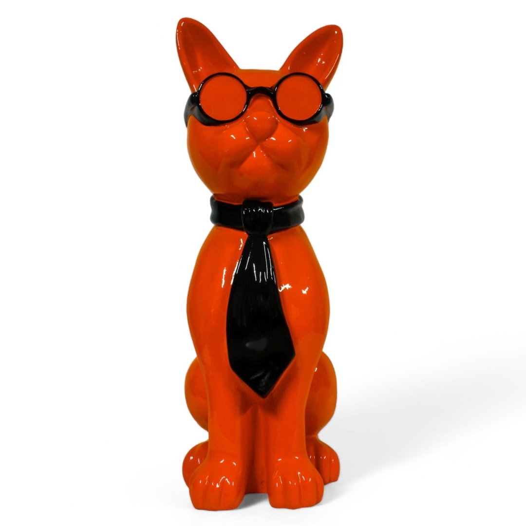 STATUE CHAT EN RESINE LUNETTES ET CRAVATE ORANGE / NOIR 80 CM
