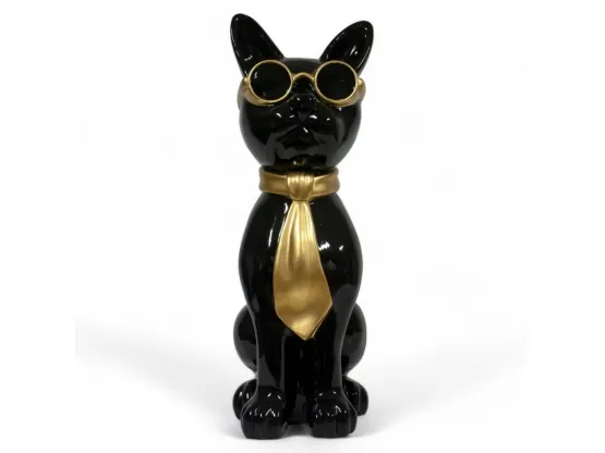 CHAT EN RESINE LUNETTES ET CRAVATE NOIR / OR 80 CM