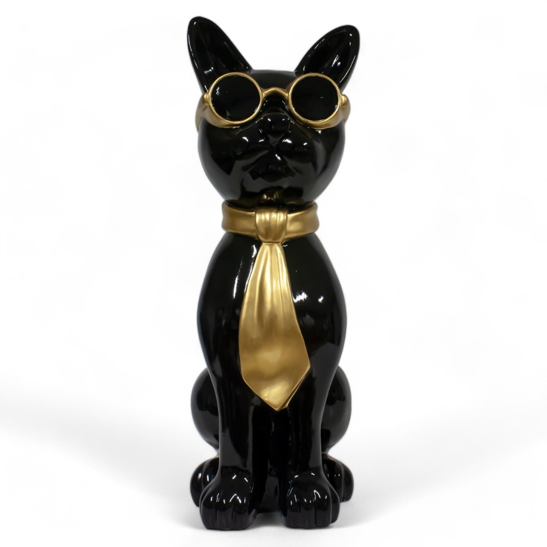 CHAT EN RESINE LUNETTES/CRAVATE NOIR-OR 80 CM