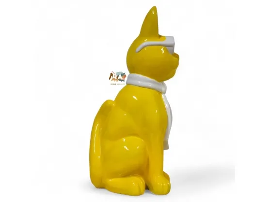 CHAT EN RESINE LUNETTES ET CRAVATE JAUNE / BLANC 80 CM