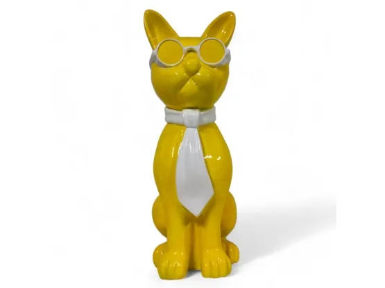 CHAT EN RESINE LUNETTES ET CRAVATE JAUNE / BLANC 80 CM