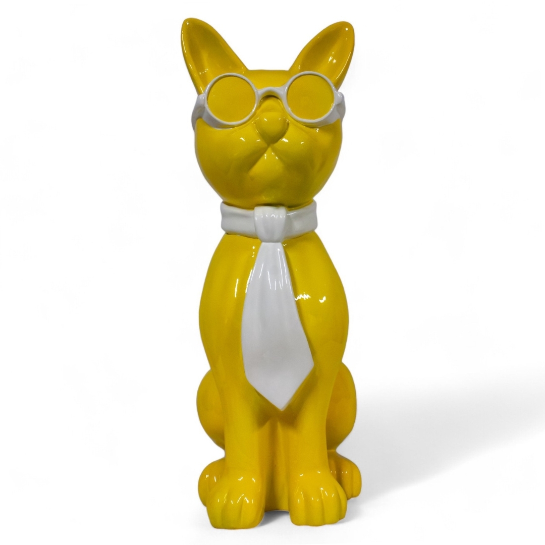 CHAT EN RESINE LUNETTES/CRAVATE JAUNE-BLANC 80 CM