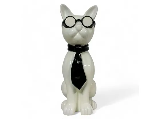 CHAT EN RESINE LUNETTES ET CRAVATE BLANC / NOIR 80 CM