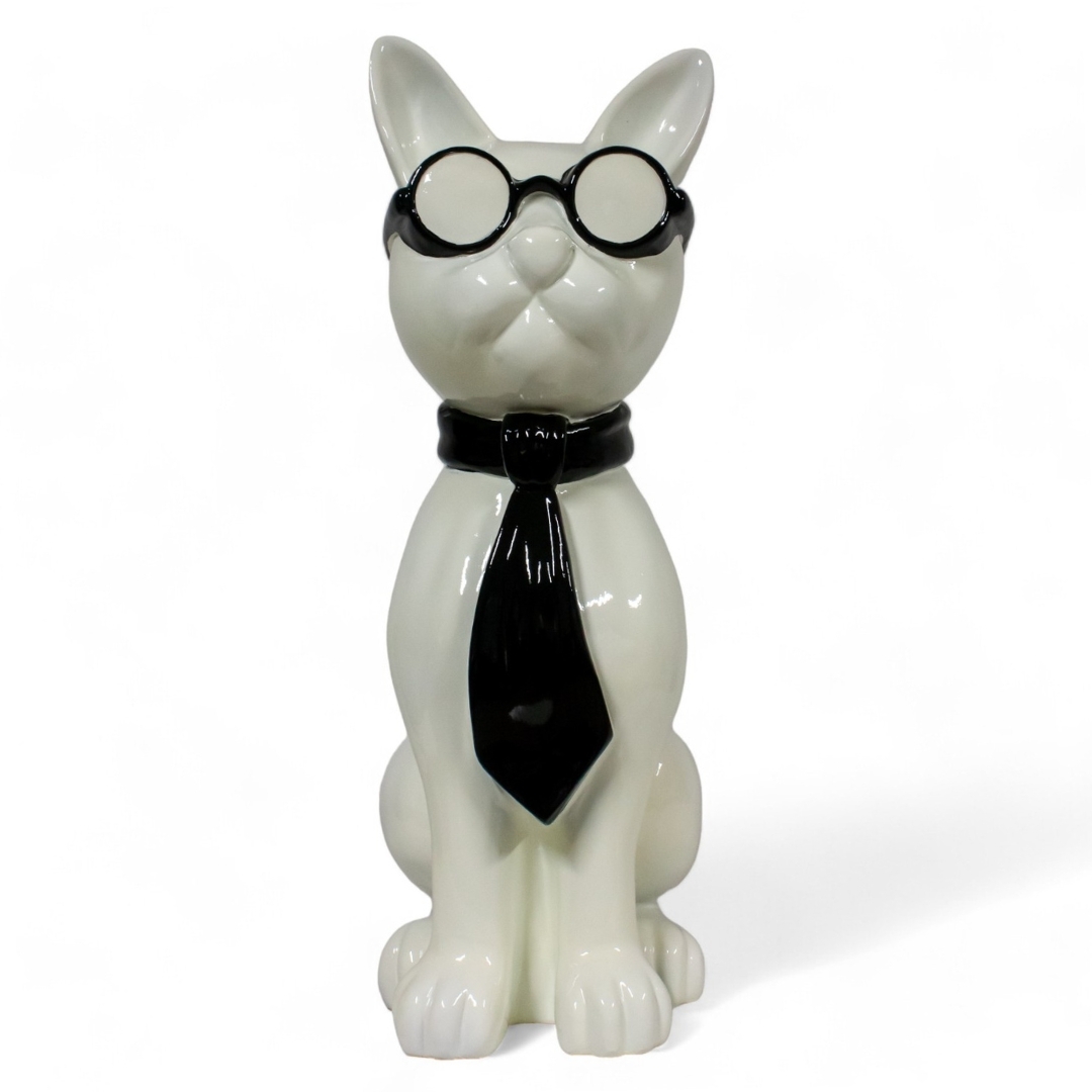 CHAT EN RESINE LUNETTES/CRAVATE BLANC-NOIR 80 CM