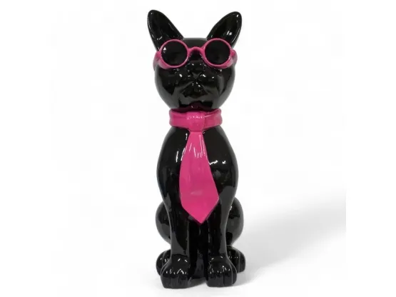 CHAT EN RESINE LUNETTES ET CRAVATE NOIR / ROSE 80 CM