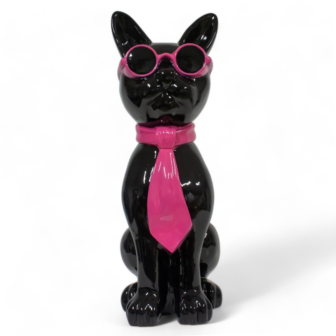 CHAT EN RESINE LUNETTES/CRAVATE NOIR-ROSE 80 CM