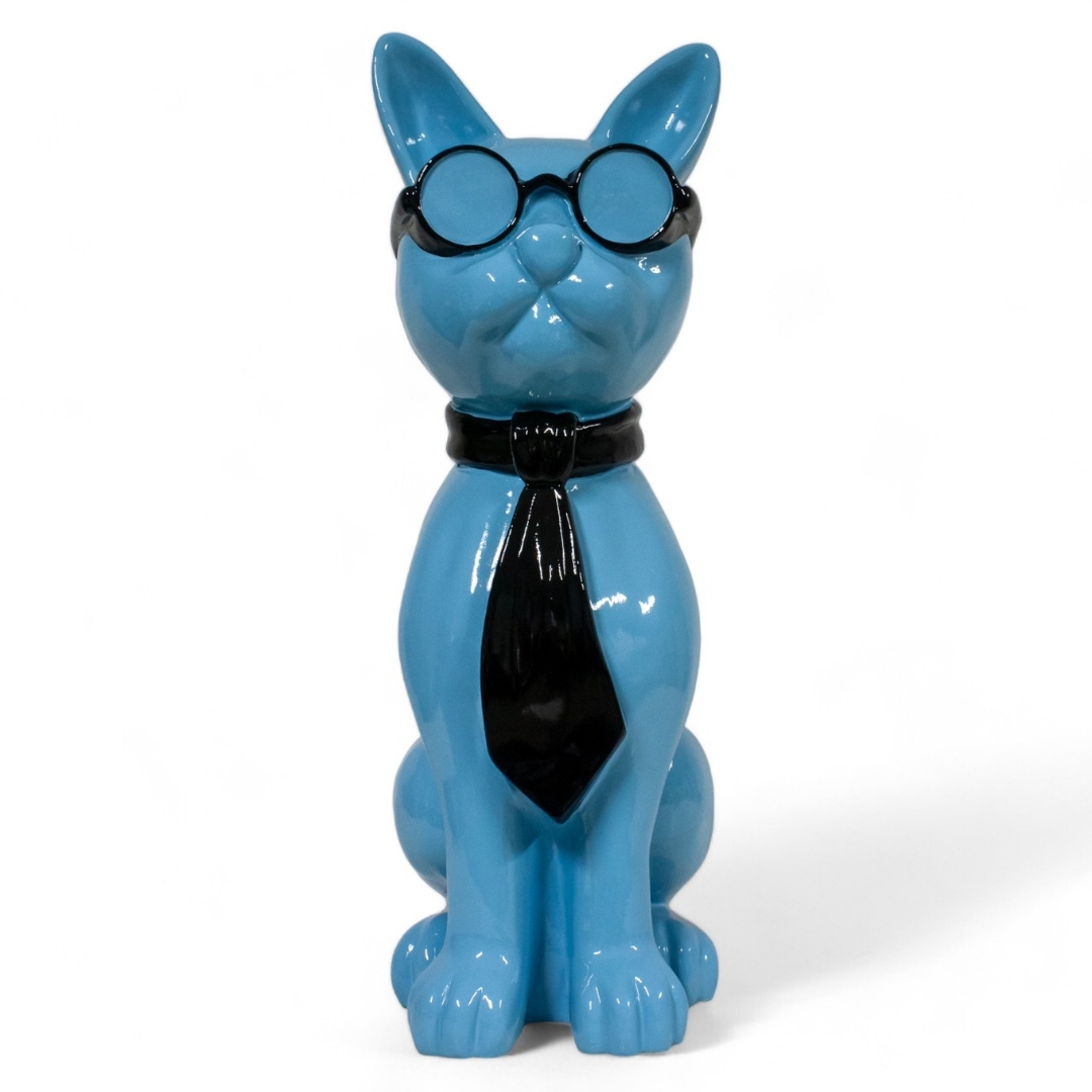 CHAT EN RESINE LUNETTES/CRAVATE BLEU-NOIR 80 CM