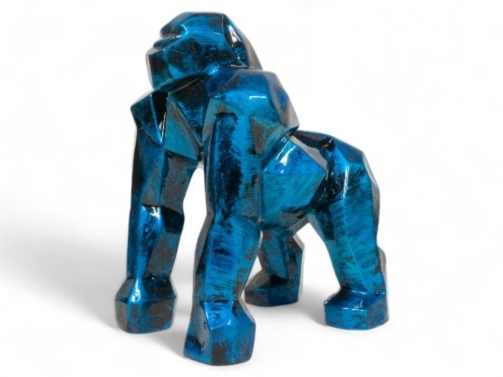 STATUE GORILLE ORIGAMI EN RESINE BLEU PATINÉ 25 CM