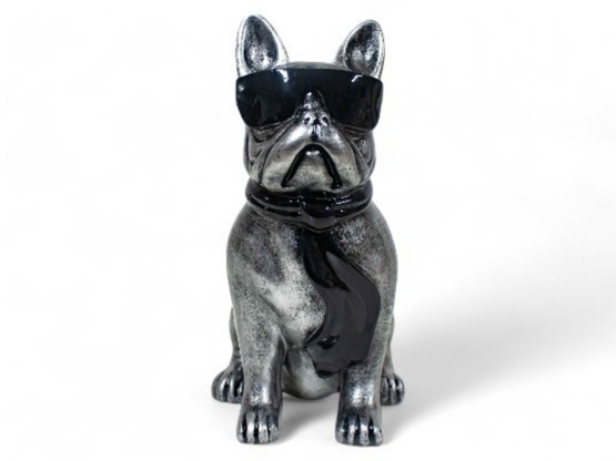 MINI CHIEN PATINÉ ARGENT EN RESINE H 18 CM