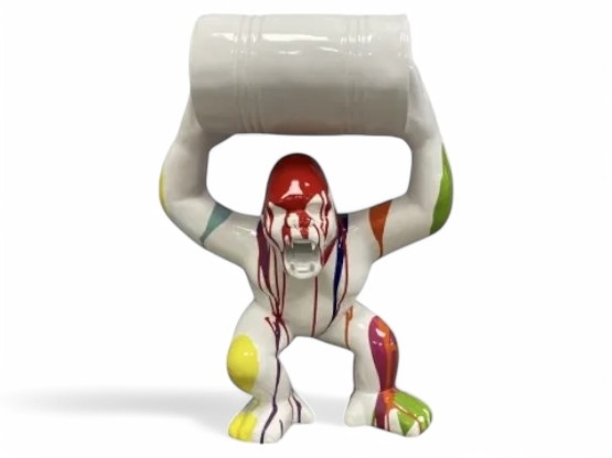 STATUE GORILLE EN RESINE AVEC BARIL 65 CM BLANC TRASH