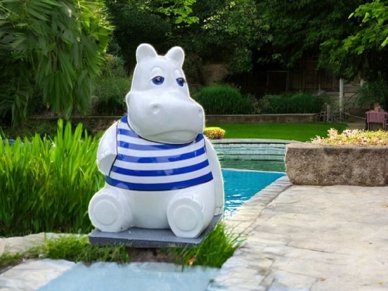 STATUE HIPPOPOTAME EN RESINE MARINIERE BLEUE HT 100 CM