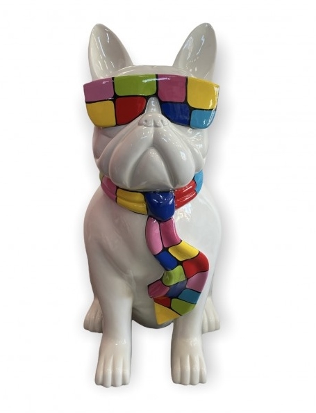 BOULEDOGUE FRANCAIS EN RESINE LUNETTES/CRAVATE BLANC-SMARTIES 60 CM