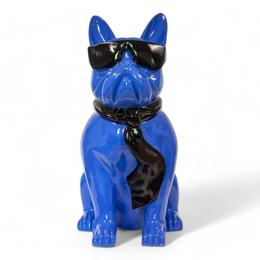 BOULEDOGUE FRANÇAIS EN RESINE LUNETTES/CRAVATE BLEU-NOIR 80 CM