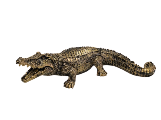 STATUE CROCODILE EN RESINE 60 CM OR PATINÉ