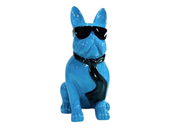 BOULEDOGUE FRANÇAIS EN RESINE LUNETTES/CRAVATE BLEU CLAIR-NOIR 80 CM