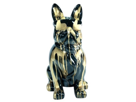 BOULEDOGUE FRANÇAIS EN RESINE LUNETTES/CRAVATE NOIR COULURES OR 80 CM