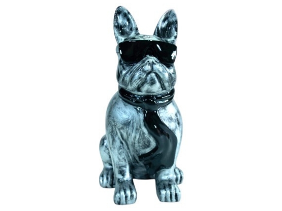 BOULEDOGUE FRANÇAIS EN RESINE LUNETTES/CRAVATE PATINÉ ARGENT-NOIR 80 CM