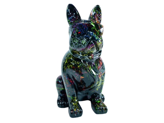 STATUE BOULEDOGUE FRANÇAIS EN RESINE ASSIS LUNETTES/CRAVATE ROUGE-N