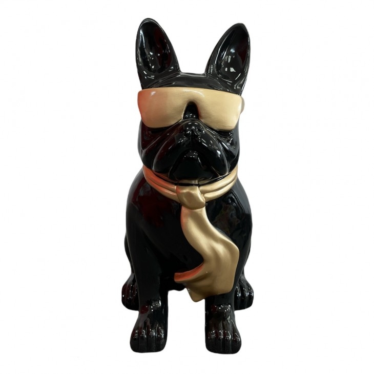 BOULEDOGUE FRANCAIS EN RESINE LUNETTES/CRAVATE NOIR-OR 80 CM