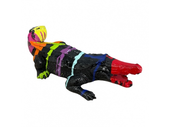 Grande Statue Décorative Crocodile - Résine Noir Et Argent - 42 Cm - Neuf